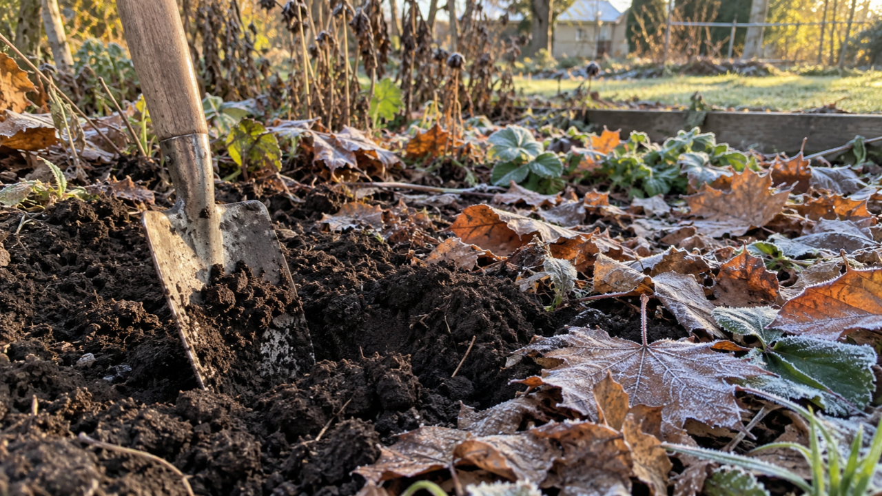 A garden trowel in loose soil beside frost-covered autumn leaves.