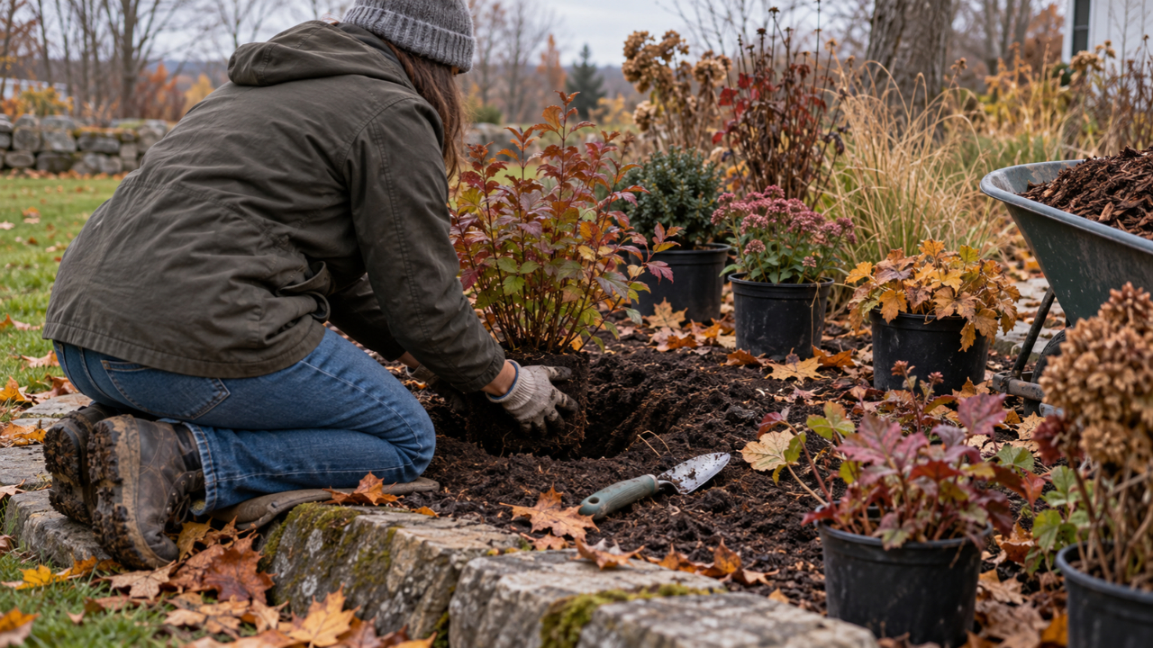 A gardener plants a shrub in an autumn garden beside several potted perennials.
