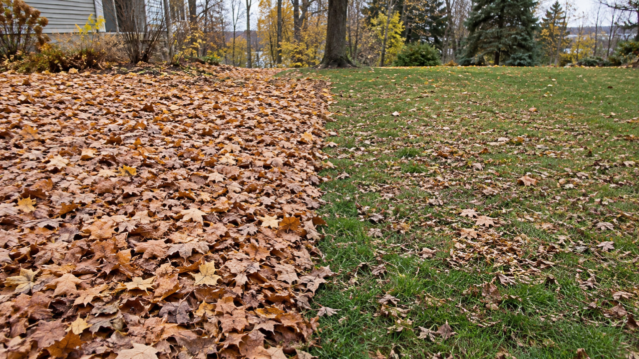 A lawn with thick fallen leaves on one side and scattered leaves over green grass on the other.