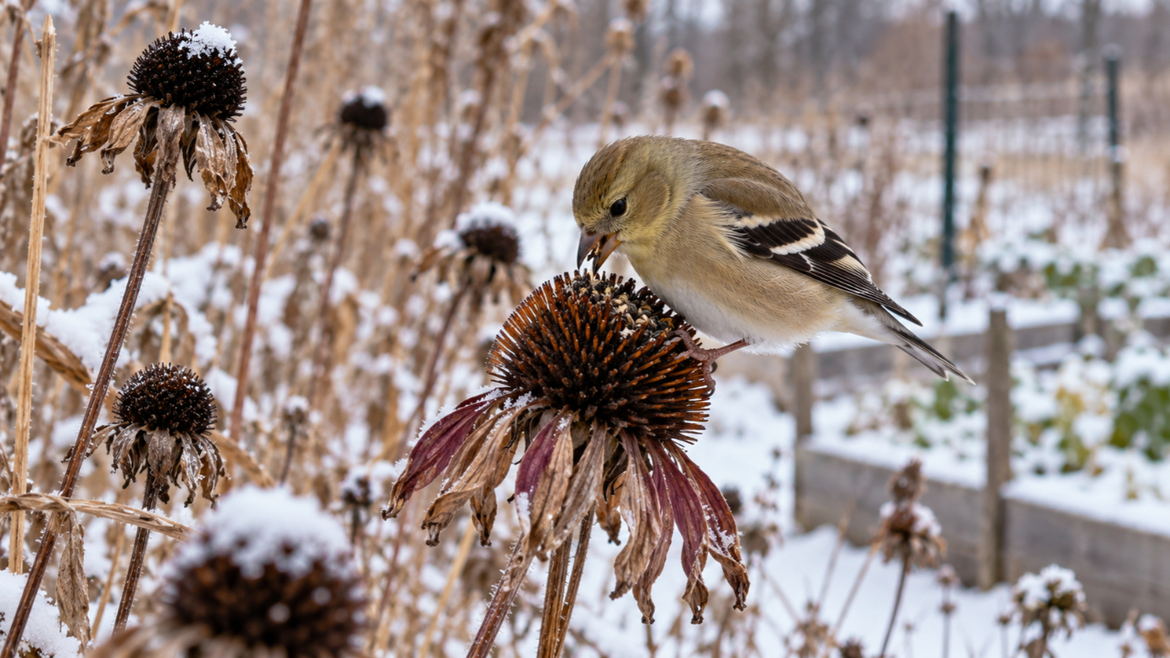 A goldfinch eats seeds from a dried coneflower in a snow-covered garden.