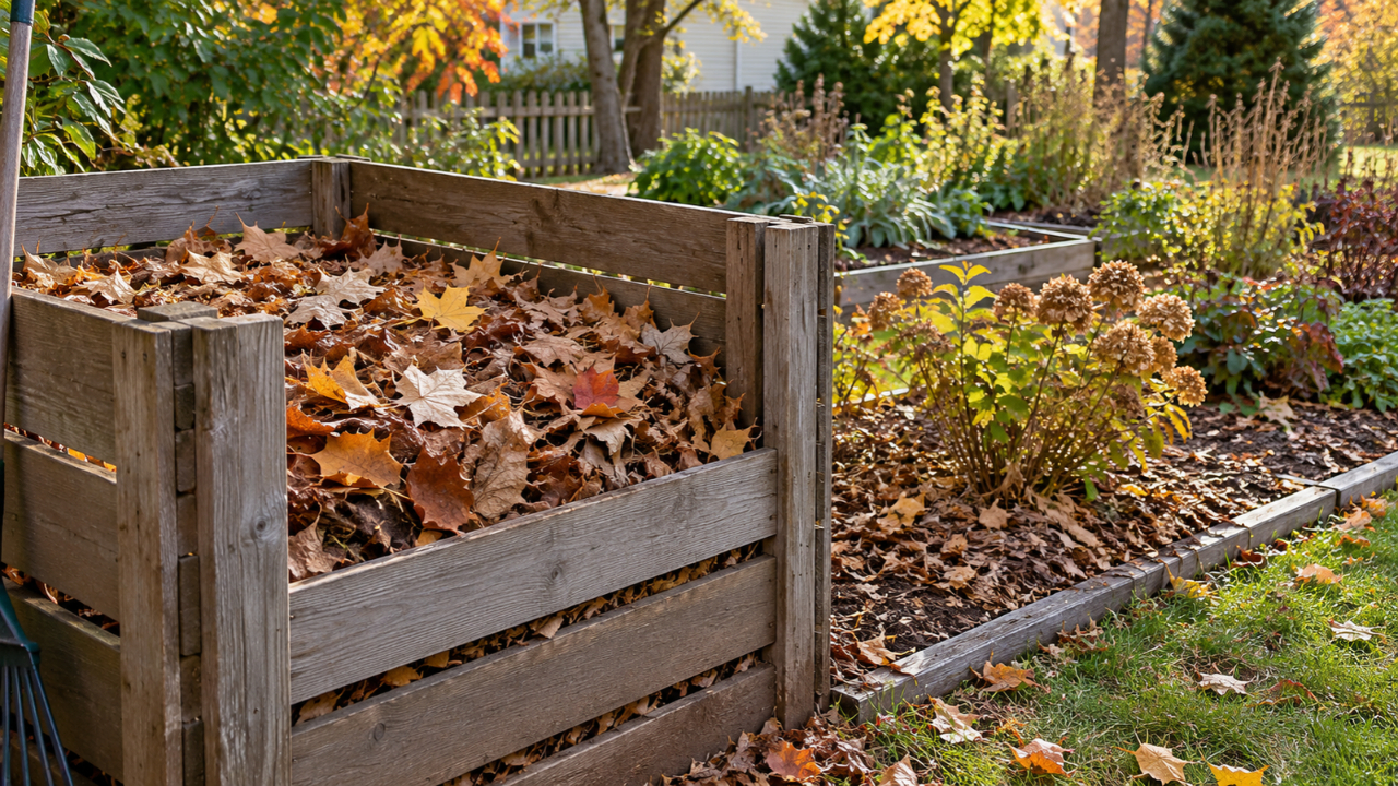 A wooden compost bin full of fallen autumn leaves beside garden beds.