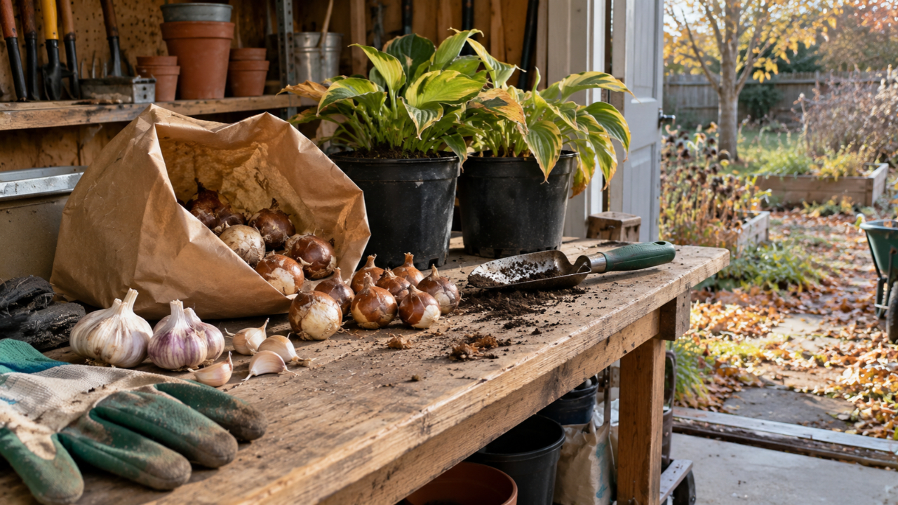 Garlic, daffodil bulbs, and potted hostas on a wooden workbench in a garden shed.