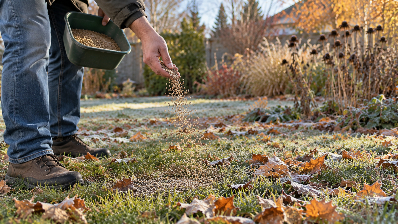 A gardener scatters grass seed across a frost-covered lawn in late autumn.
