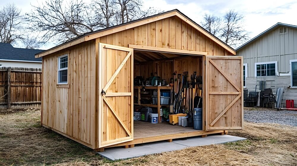 Open wooden shed with garden tools and storage shelves